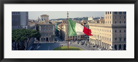 Framed Italian flag fluttering with city in the background, Piazza Venezia, Vittorio Emmanuel II Monument, Rome, Italy Print