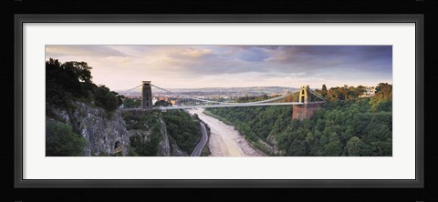 Framed Bridge across a river at sunset, Clifton Suspension Bridge, Avon Gorge, Avon River, Bristol, England Print