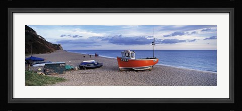 Framed Boats on the beach, Branscombe Beach, Devon, England Print