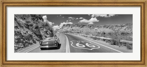 Framed Vintage car moving on Route 66 in black and white, Arizona Print