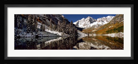 Framed Reflection of snowy mountains in the lake, Maroon Bells, Elk Mountains, Colorado, USA Print