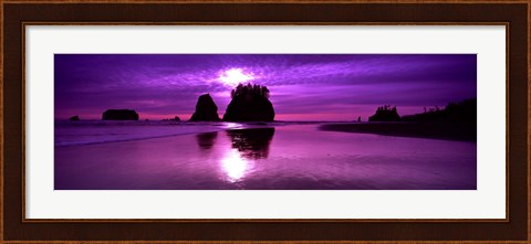 Framed Silhouette of sea stacks at sunset, Second Beach, Washington State Print