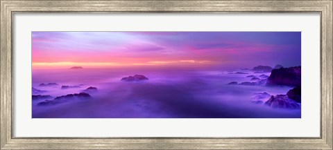 Framed Fog reflected in the sea at sunset Print