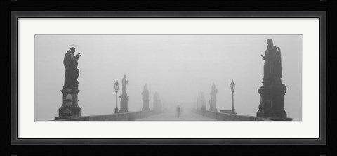 Framed Statues and lampposts on a bridge, Charles Bridge, Prague, Czech Republic (black and white) Print