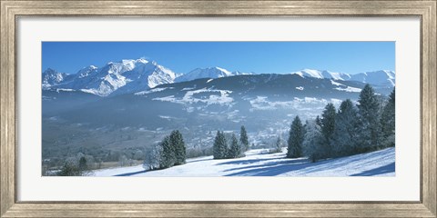 Framed Trees with snow covered mountains in winter, Combloux, Mont Blanc Massif, Haute-Savoie, Rhone-Alpes, France Print