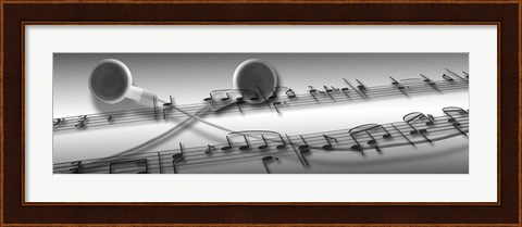Framed Music notes superimposed on ear phones Print
