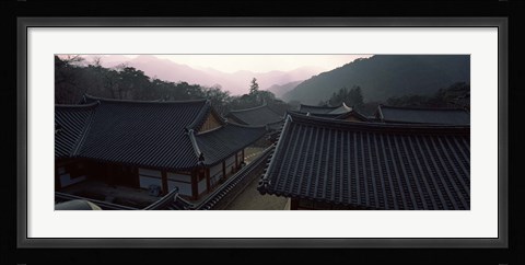 Framed Buddhist temple with mountain range in the background, Kayasan Mountains, Haeinsa Temple, Gyeongsang Province, South Korea Print
