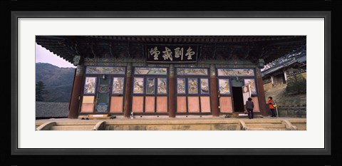 Framed Buddhist temple with a mountain range in the background, Kayasan Mountains, Haeinsa Temple, Gyeongsang Province, South Korea Print