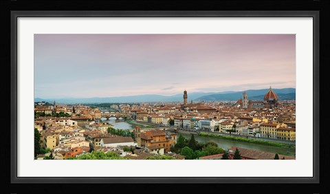 Framed Buildings in a city, Ponte Vecchio, Arno River, Duomo Santa Maria Del Fiore, Florence, Italy Print