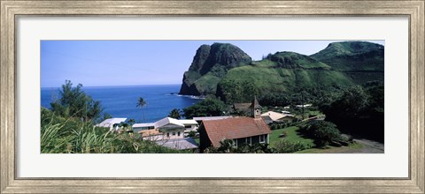 Framed Village at a coast, Kahakuloa, Highway 340, West Maui, Hawaii, USA Print