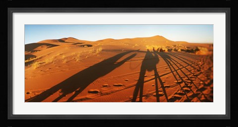 Framed Shadows of camel riders in the desert at sunset, Sahara Desert, Morocco Print