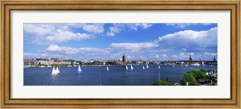 Framed Sailboats in a lake with the city hall in the background, Riddarfjarden, Stockholm City Hall, Stockholm, Sweden Print