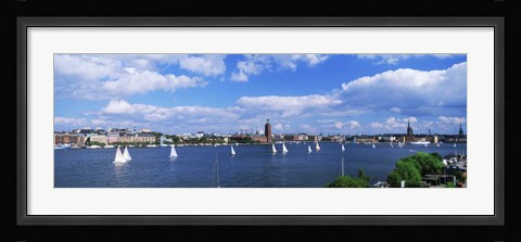 Framed Sailboats in a lake with the city hall in the background, Riddarfjarden, Stockholm City Hall, Stockholm, Sweden Print