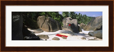 Framed Nudist corner written on a rock on the beach, Mahe Island, Seychelles Print