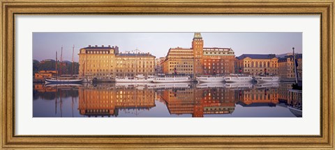 Framed Ferries and Sailboats moored at a harbor, Nybroviken, SAS Radisson Hotel, Stockholm, Sweden Print