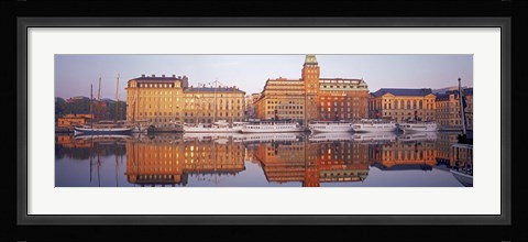Framed Ferries and Sailboats moored at a harbor, Nybroviken, SAS Radisson Hotel, Stockholm, Sweden Print