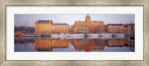 Framed Ferries and Sailboats moored at a harbor, Nybroviken, SAS Radisson Hotel, Stockholm, Sweden Print
