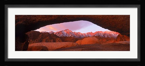 Framed Rock formations with mountains in the background, Mt Whitney, Lone Pine Peak, California, USA Print