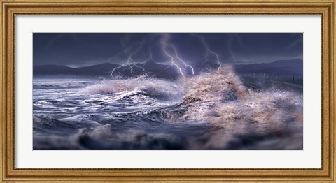 Framed Storm waves hitting concrete Print