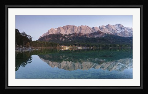 Framed Wetterstein Mountains, Zugspitze Mountain and Eibsee Hotel reflecting in Lake Eibsee, Bavaria, Germany Print