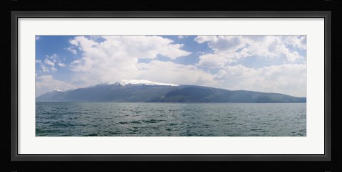 Framed Lake with mountain range in the background, Monte Baldo, Lake Garda, Lombardy, Italy Print