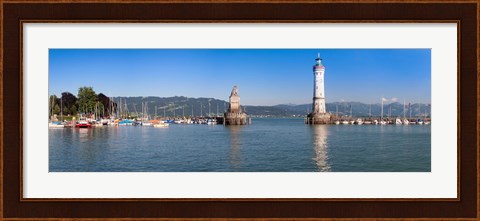 Framed Entrance of the harbor with the Bavarian lion and the lighthouse, Lindau, Lake Constance, Bavaria, Germany Print