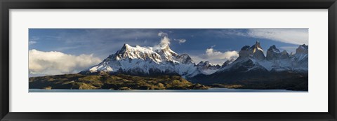 Framed Lake in front of mountains, Lake Pehoe, Cuernos Del Paine, Paine Grande, Torres del Paine National Park, Chile Print