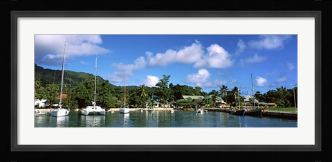 Framed Yachts and small fishing boats at the harbor on La Digue Island, Seychelles Print