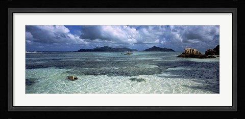 Framed Snorkeler in the clean waters on Anse Source d'Argent beach, La Digue Island, Seychelles Print
