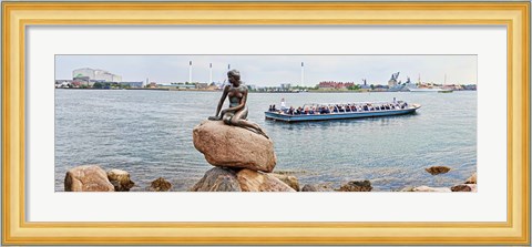 Framed Little Mermaid Statue with tourboat in a canal, Copenhagen, Denmark Print