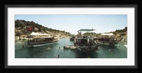 Framed Boats with people swimming in the Mediterranean sea, Kas, Antalya Province, Turkey Print