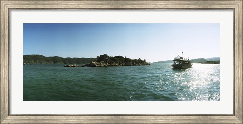 Framed Rocky island and boat in the Mediterranean sea, Sunken City, Kekova, Antalya Province, Turkey Print