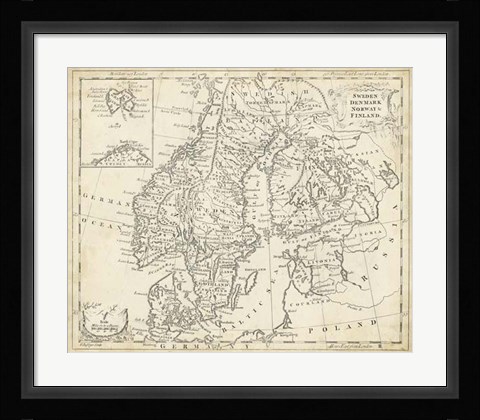 Framed Map of Sweden &amp; Denmark Print