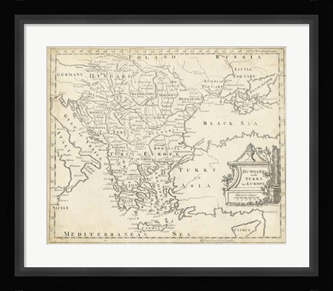 Framed Map of Hungary &amp; Turkey in Europe Print
