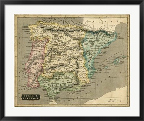 Framed Thomson&#39;s Map of Spain &amp; Portugal Print