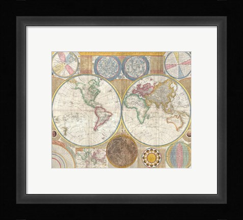 Framed 1794 Samuel Dunn Wall Map of the World in Hemispheres Print
