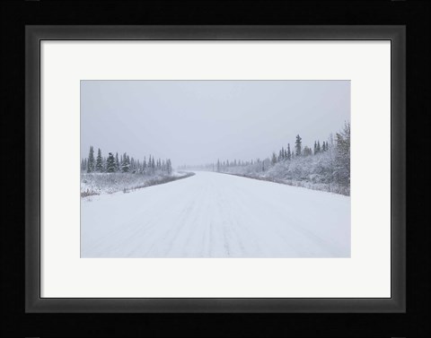 Framed Highway passing through a snow covered landscape, George Parks Highway, Denali National Park, Alaska, USA Print