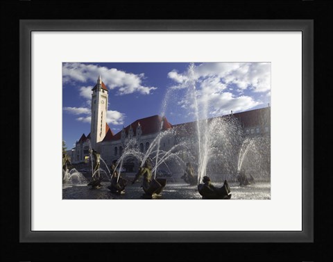 Framed Fountains in front of a railroad station, Milles Fountain, Union Station, St. Louis, Missouri, USA Print