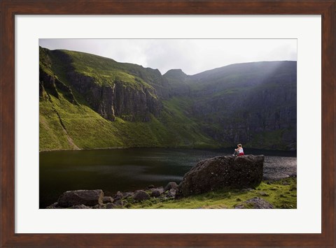 Framed Young Woman Meditating, Coumshingaun Lough, Coeragh Mountains, County Waterford, Ireland Print