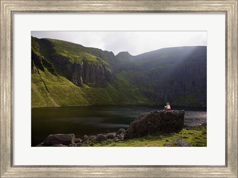 Framed Young Woman Meditating, Coumshingaun Lough, Coeragh Mountains, County Waterford, Ireland Print
