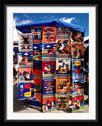 Framed Pillow covers for sale at a handicraft market, Otavalo, Imbabura Province, Ecuador Print