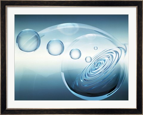 Framed Clear bubbles in descending size rising from water ripples surrounded by clear bubble Print