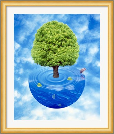 Framed Lush green tree growing from half sphere of blue water and ripples floating in cloudy blue sky Print