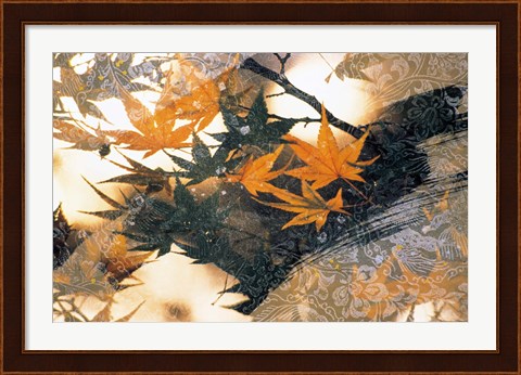 Framed Collage of green and pale orange leaves, white paper flower and abstract rocks Print