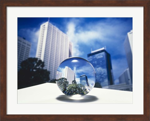 Framed Close up of clear globe with white sky line in center duplicated background Print