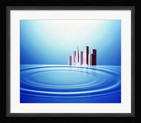 Framed White buildings float behind large water rings bright light overhead Print