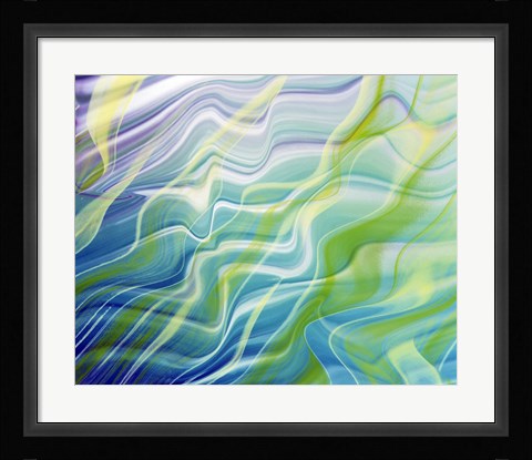 Framed Abstract steaks of green, blue, lavender and white in blowing fabric Print