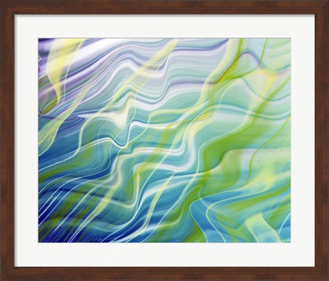 Framed Abstract steaks of green, blue, lavender and white in blowing fabric Print
