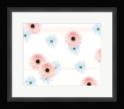 Framed Pink and blue daisies on pink blue and white fabric Print