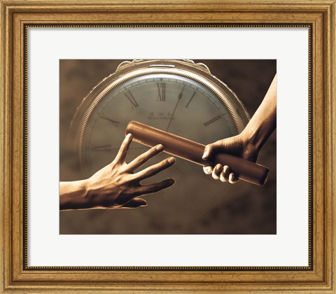 Framed Close up of two runners hands passing the baton in relay race in front of old European clock face Print